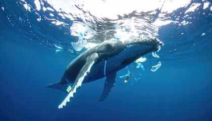 Fototapeta premium Whale entangled in plastic debris underwater (1)