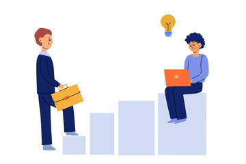 Investor helps businessman with money sitting on profit chart. modern vector illustration of man with laptop and man with briefcase climbing chart.