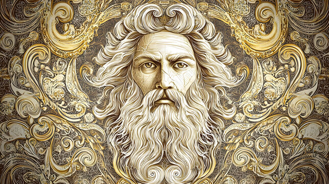 Aged man with flowing white hair and beard, framed by intricate gold and brown decorative patterns