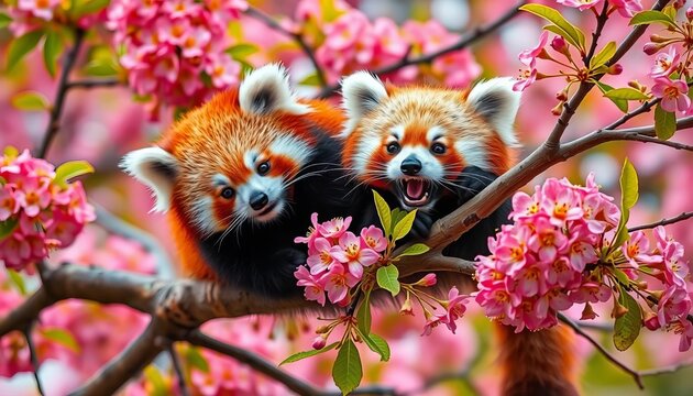 A playful red panda amidst vibrant blossoms on a tree branch,   tree,  wildlife - Powered by Adobe