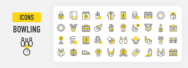 Bowling icons. Disco Ball, League, medal, Calendar, Banner, Bowling Pins, Award, clothes, Cleaning, Ticket, Powder, Bag, Towel, Softdrink, Shirt, Player, Rotation, King illustration.	
