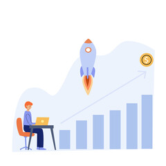 Startup launch and acceleration - business team with laptop, rocket, profit chart and megaphone. Flat illustration of teamwork and business growth.