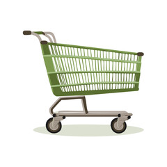 Empty green shopping cart illustration for grocery purchases in supermarkets and retail stores for customer use
