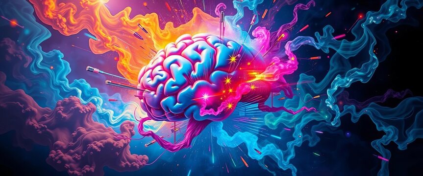 Exploding brain, vibrant colors, surreal inner world, dreamscapes, swirling thoughts, creative energy,  ai,  abstract