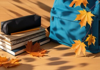 Fresh Start: New Backpack with School Supplies and Autumn Leaves