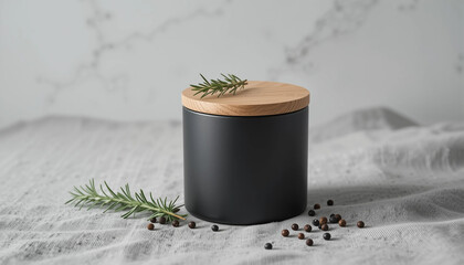 Minimalist Black Container with Wooden Lid – Natural Kitchen Spice Storage with Rosemary and Peppercorns