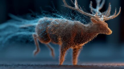 Mystical reindeer dissolving into blue particles. Digital art of magic deer transformation. Fantasy wildlife concept for animated film or game design.