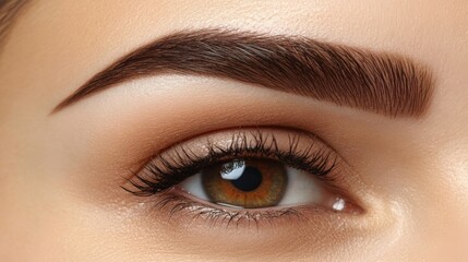 Obraz premium Close-up of a woman's eyes with well-defined eyebrows, full lashes, and smooth skin, highlighting meticulous grooming. Concept of beauty, eyebrow shaping kit, grooming and natural brow look.