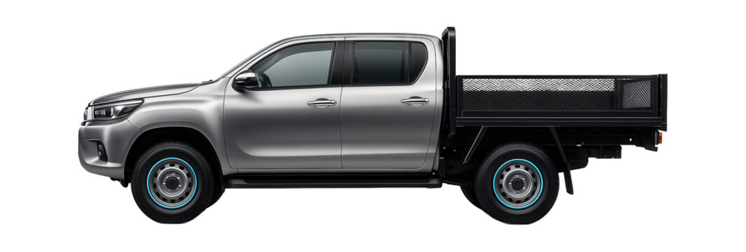 Double-cab flatbed vehicle with steel mesh sides and rear gate