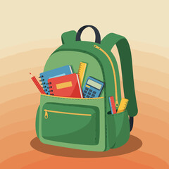 Green backpack filled with school supplies and stationery items  