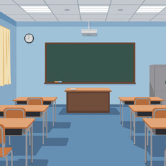 Classroom interior with desks and chalkboard in educational setting  