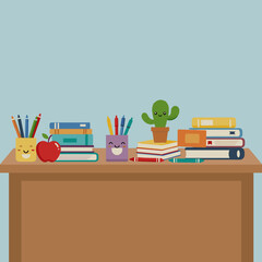 Colorful desk with books, pots, and cheerful stationery items  