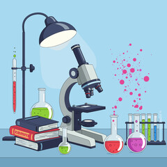 Laboratory equipment with microscope, books, and colorful flasks   