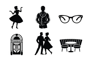 Silhouette of retro dancers jukebox eyeglasses and diner booth dancing couple