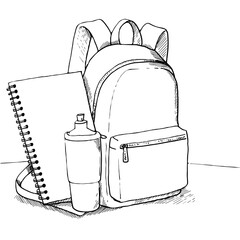 Backpack with spiral notebook and water bottle on desk  