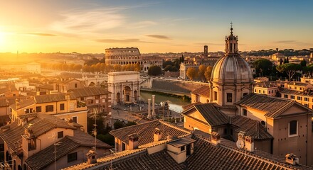 Obraz premium Historic European City Skyline at Sunset with Church Dome and Ancient Ruins