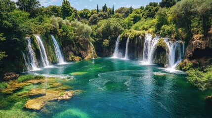 Fototapeta premium Long exposure image of a wonderful waterfall. Tortum Waterfall morning view. Uzundere, Erzurum, Turkey