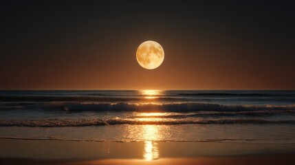 Moonlit Ocean: A breathtaking shot captures a full, radiant moon casting a shimmering glow upon the calm surface of the ocean at dusk, offering a serene and awe-inspiring natural spectacle.
