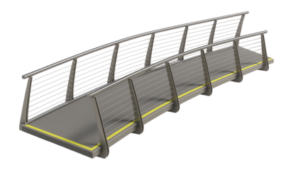 Pedestrian footbridge with fiberglass decking and steel balustrades