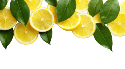 Citrus Fresh Lemon whole and Slices with leaf  Border on transparent background