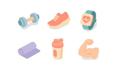 Minimalist fitness essentials: dumbbell, shoe, wristband, mat, shaker, muscle arm