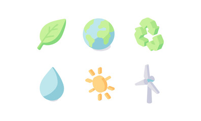 Sustainable icon set featuring earth, leaf, and renewable symbols in flat design