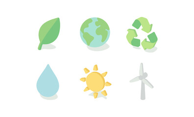 Eco-friendly icons: earth, recycling, and renewable energy in flat style