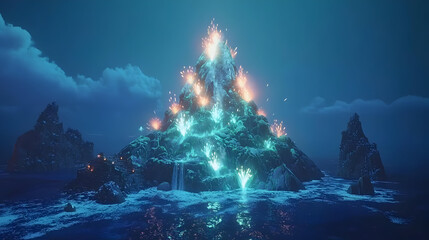 Mystical island ablaze with glowing, ethereal waterfalls at night.  Rocky shores and dark ocean surround a towering, luminous mountain