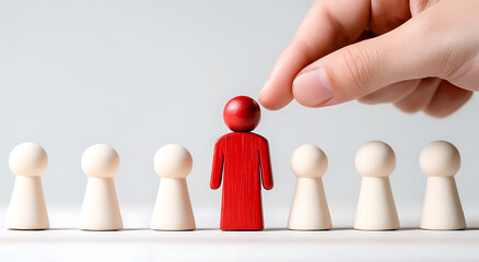 Selection process concept with wooden figures. A red figure is selected among similar white figures, symbolizing recruitment or a unique choice.