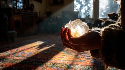 Person Gently Holding a Clear Ice Ball in Sunlit Room