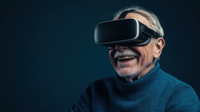 Excited mature senior man wearing using virtual reality metaverse VR glasses headset at home. Grandfather touching air during VR experience on virtual reality helmet. Simulation hi-tech videogame