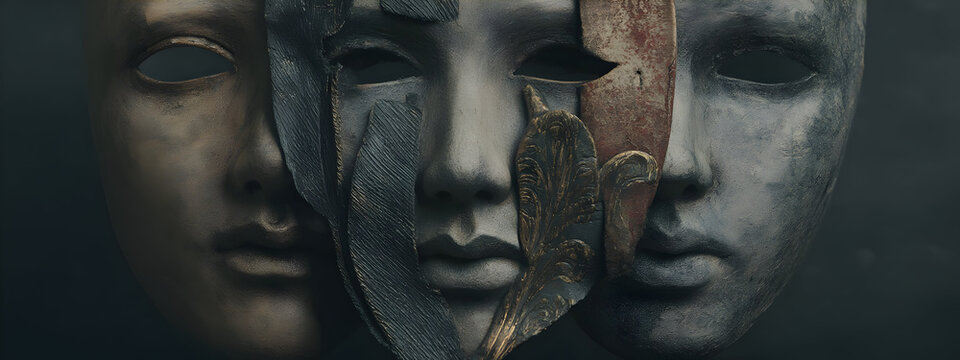 Conceptual image exploring multiple identities through overlapping theatrical masks   -