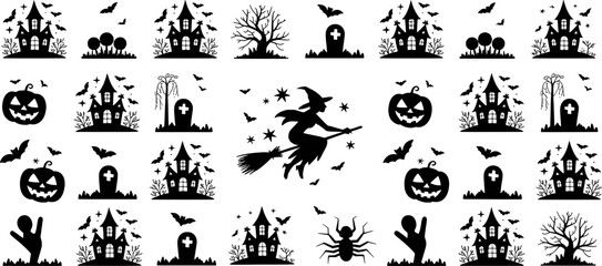 Halloween spooky haunted houses pumpkins bats witches spiders and tombstones vector set