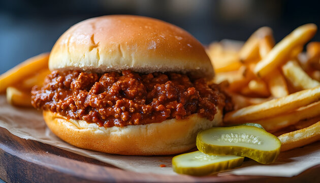 Delicious sloppy joes with pickles and fries for a hearty meal experience