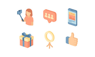 Isometric social media icons: selfie, messaging, smartphone, gift, ring light, thumbs up