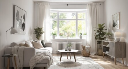 Bright Scandinavian Living Room Interior with Cozy Furniture and Sunlight