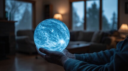 Person Holding Glowing Blue Sphere in Living Room