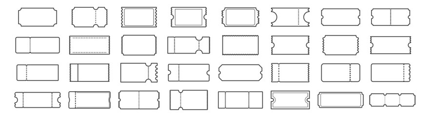 Blank ticket template set. Concert, movie, lottery and boarding coupon mockups. Collection of vintage tickets and realistic shapes on a transparent background.