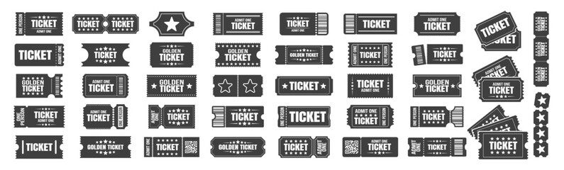 Obraz premium Ticket icon set. Admit one coupon collection for cinema, concert, movie, theater, event, or festival. Vintage and modern ticket vector templates on a transparent background.