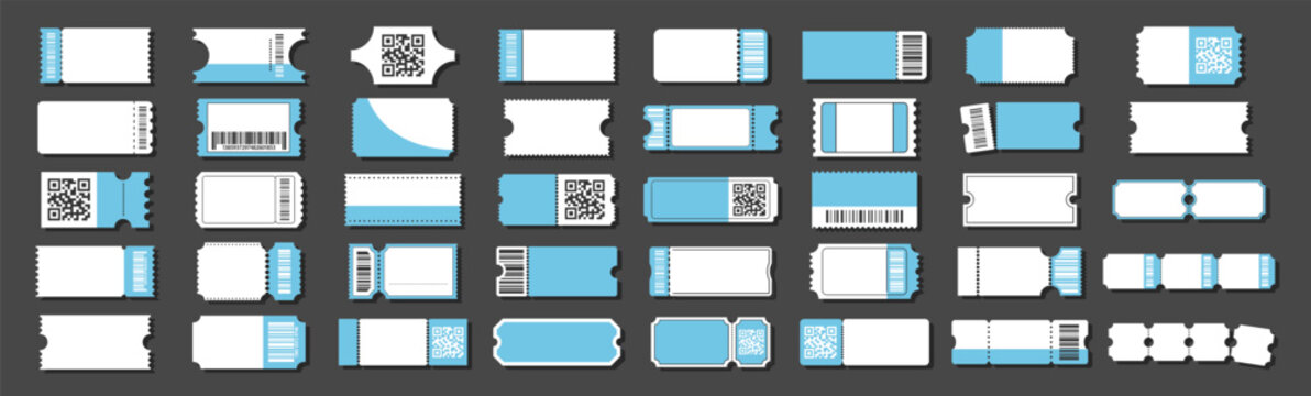 Blue and white ticket icon set. Vector collection of coupon templates with barcode, QR code, and blank layouts for cinema, concert, or event use