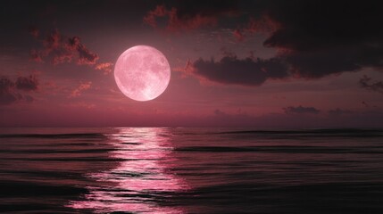 Romantic Moonlit Sea: A serene depiction of a full moon casting a beautiful, pink glow over tranquil sea at dusk, invoking feelings of romance and calm. 