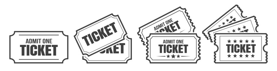 Ticket icon set. Admit one coupon collection for cinema, concert, movie, theater, event, or festival. Vintage and modern ticket vector templates on a transparent background.