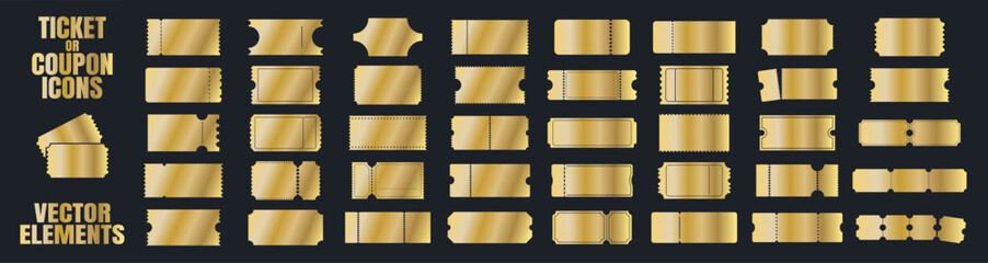 Golden ticket collection. Premium event coupon template on dark background.