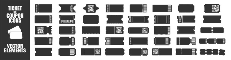 Blank ticket template set. Concert, movie, lottery and boarding coupon mockups. Collection of vintage tickets and realistic shapes on a transparent background.