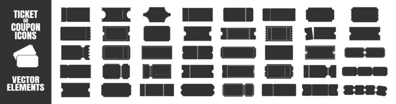 Blank ticket template set. Concert, movie, lottery and boarding coupon mockups. Collection of vintage tickets and realistic shapes on a transparent background.