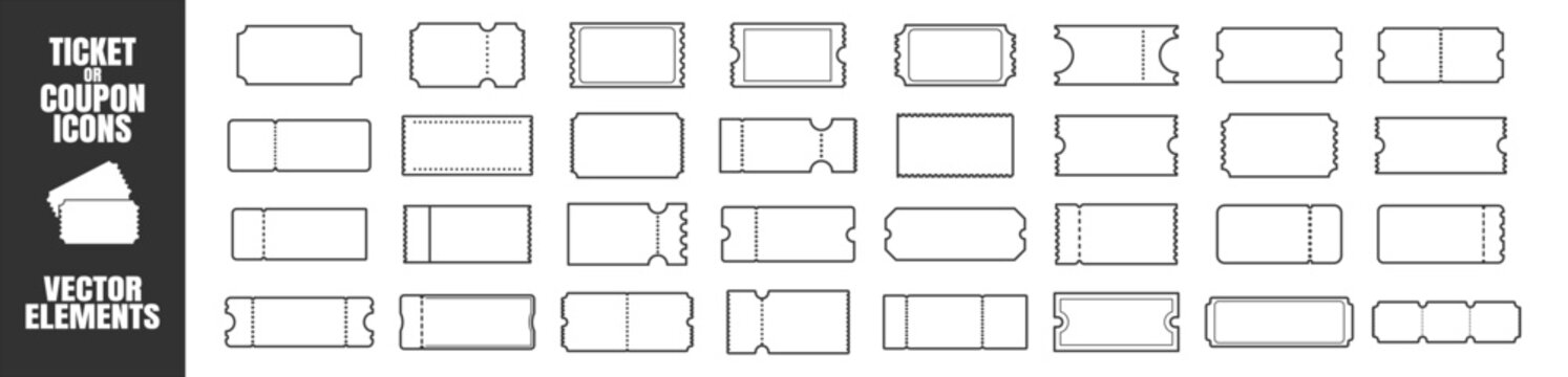 Blank ticket template set. Concert, movie, lottery and boarding coupon mockups. Collection of vintage tickets and realistic shapes on a transparent background.
