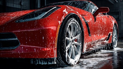 Professional Car Wash Red Sportscar with Shampoo close-up .