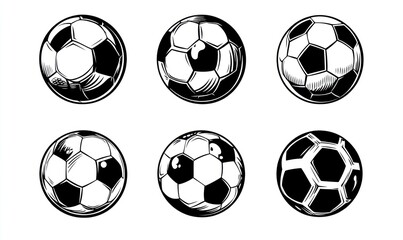 Six black and white soccer balls