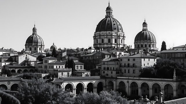 Fototapeta Photo of a black and white view of a historic european city skyline with prominent domes and arches