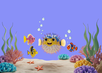 Cute Underwater Ocean Scene with Tropical Fish and Coral – 3D Cartoon Sea Life Illustration for Kids and Education

